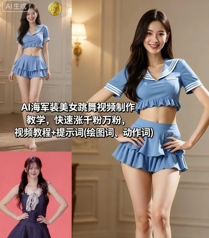 AI海军装美女跳舞视频制作教学，快速涨千粉万粉，视频教程+提示词(绘图词、动作词)-小白项目网