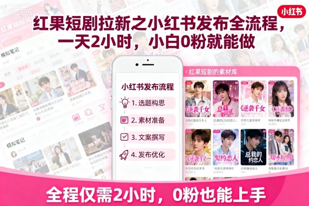 红果短剧拉新之小红书发布全流程，一天2小时，小白0粉就能做-小白项目网