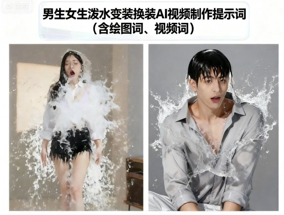 男生女生泼水变装换装AI视频制作提示词(含绘图词、视频词)-小白项目网