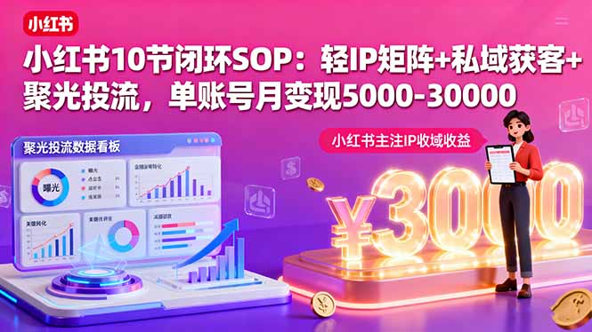 小红书10节闭环SOP：轻IP矩阵+私域获客+聚光投流，单账号月变现5000-30000-小白项目网