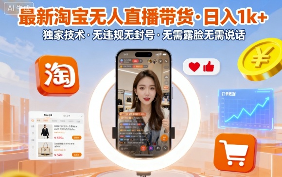 最新淘宝无人直播带货，日入1k+，独家技术，无违规无封号，无需露脸无需说话【揭秘】-小白项目网