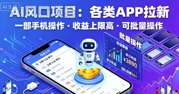 AI风口项目，各类APP拉新，一部手机就可以操作，收益上限高，可批量操作-小白项目网