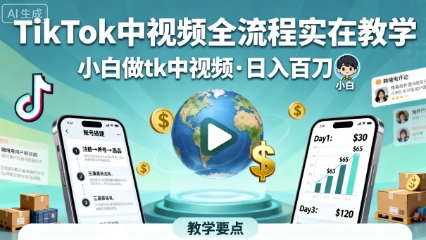 TikTok中视频全流程实操教学，小白做tk中视频，日入百刀-小白项目网