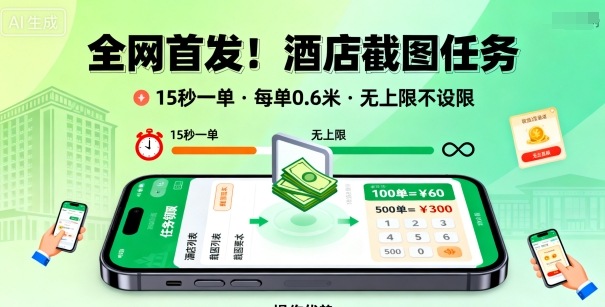 全网首发！酒店截图任务，15秒一单，每单0.6米，任务无上限不设限，矩阵操作单日3张到手【揭秘】-小白项目网