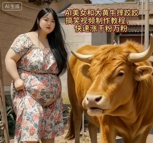AI美女和大黄牛摔跤搞笑荒诞视频制作教程，快速涨千粉万粉-小白项目网