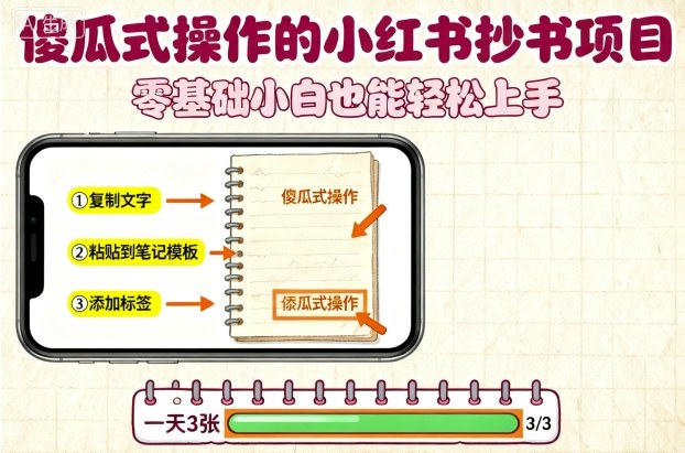 傻瓜式操作的小红书抄书项目，会复制粘贴就行，零基础小白也能一天3张-小白项目网