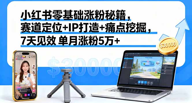 小红书零基础涨粉秘籍，赛道定位+IP打造+痛点挖掘，7天见效 单月涨粉5万+-小白项目网