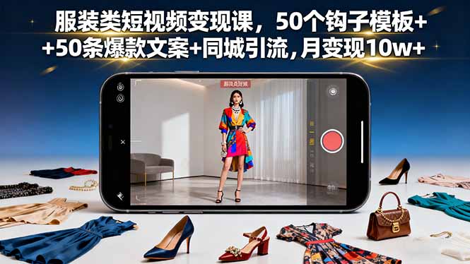 服装类短视频变现课，50个钩子模板+50条爆款文案+同城引流，月变现10w+-小白项目网