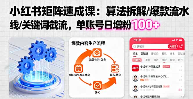 小红书矩阵起号速成课：算法拆解/爆款流水线/关键词截流 单账号日增粉100+-小白项目网